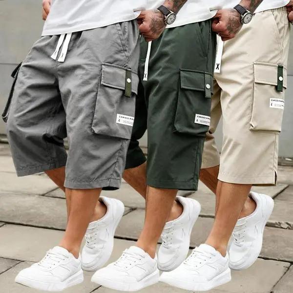 3 Pack Men's Cargo Shorts, 7/8 Length,Summer Drawstring Waist,Large Pockets,Letter Patch Details, Fashionable CasualAthletic Shorts,father'sdaygifts
