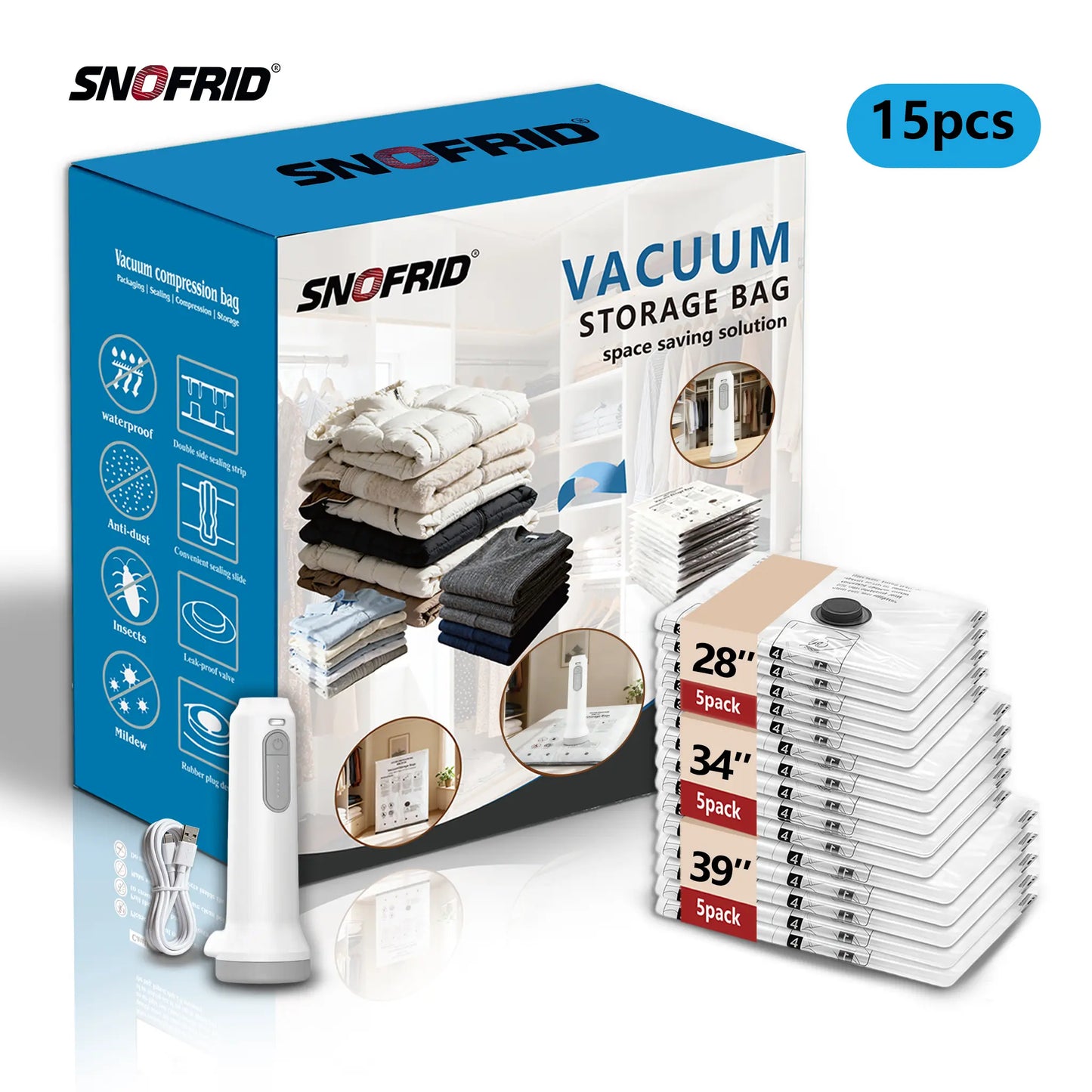 Snofrid Cordless Travel Vacuum Compression Bag Set 15-Pack