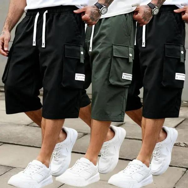 3 Pack Men's Cargo Shorts, 7/8 Length,Summer Drawstring Waist,Large Pockets,Letter Patch Details, Fashionable CasualAthletic Shorts,father'sdaygifts