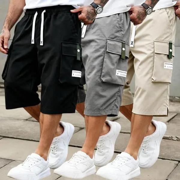 3 Pack Men's Cargo Shorts, 7/8 Length,Summer Drawstring Waist,Large Pockets,Letter Patch Details, Fashionable CasualAthletic Shorts,father'sdaygifts