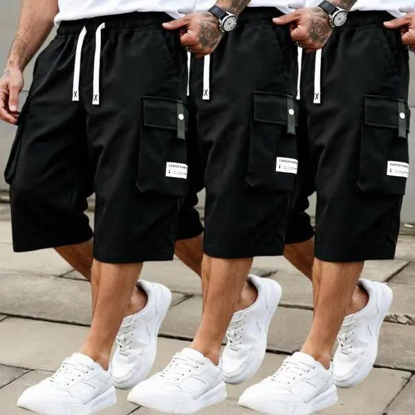 3 Pack Men's Cargo Shorts, 7/8 Length,Summer Drawstring Waist,Large Pockets,Letter Patch Details, Fashionable CasualAthletic Shorts,father'sdaygifts