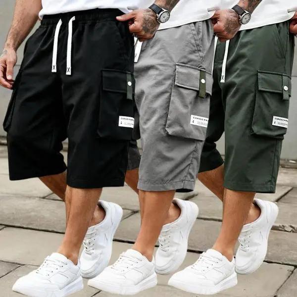3 Pack Men's Cargo Shorts, 7/8 Length,Summer Drawstring Waist,Large Pockets,Letter Patch Details, Fashionable CasualAthletic Shorts,father'sdaygifts
