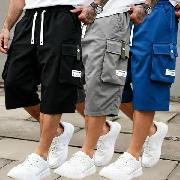 3 Pack Men's Cargo Shorts, 7/8 Length,Summer Drawstring Waist,Large Pockets,Letter Patch Details, Fashionable CasualAthletic Shorts,father'sdaygifts