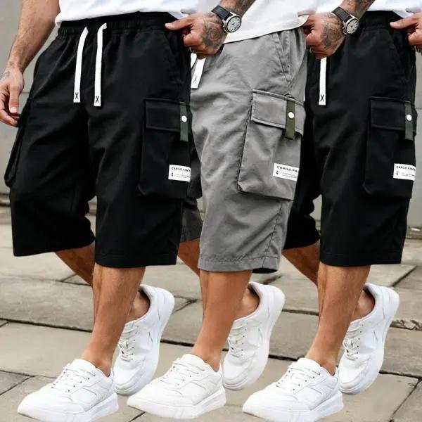 3 Pack Men's Cargo Shorts, 7/8 Length,Summer Drawstring Waist,Large Pockets,Letter Patch Details, Fashionable CasualAthletic Shorts,father'sdaygifts